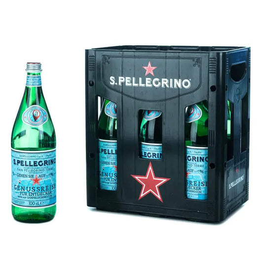 San Pellegrino mit Kohlensäure 6×1l – Kasten mit Glas-Flaschen